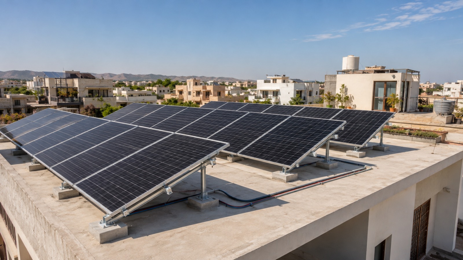 Aerial view of a rooftop solar installation