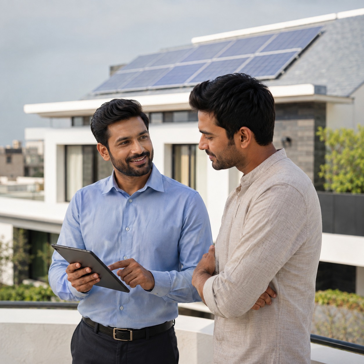 Solar expert explaining a system to a homeowner on a rooftop