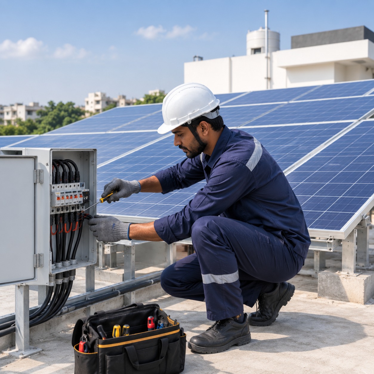 Technician servicing an inverter and wiring on-site